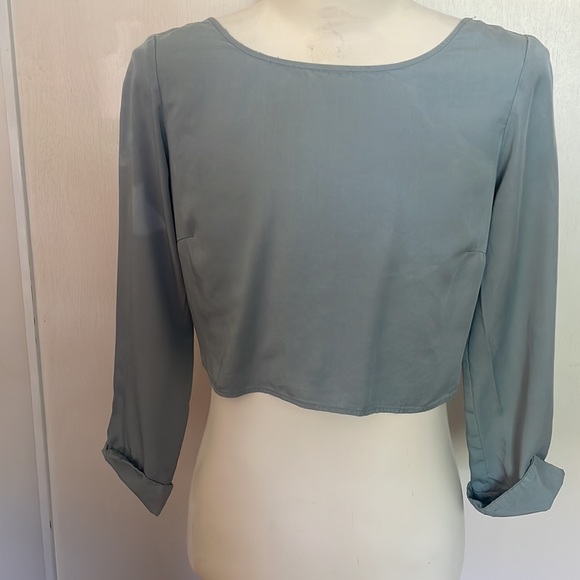 18. Zara Basic Couture Long Sleeve Light Blue Chambray Crop Top Open Back Blouse - Picture 5 of 8